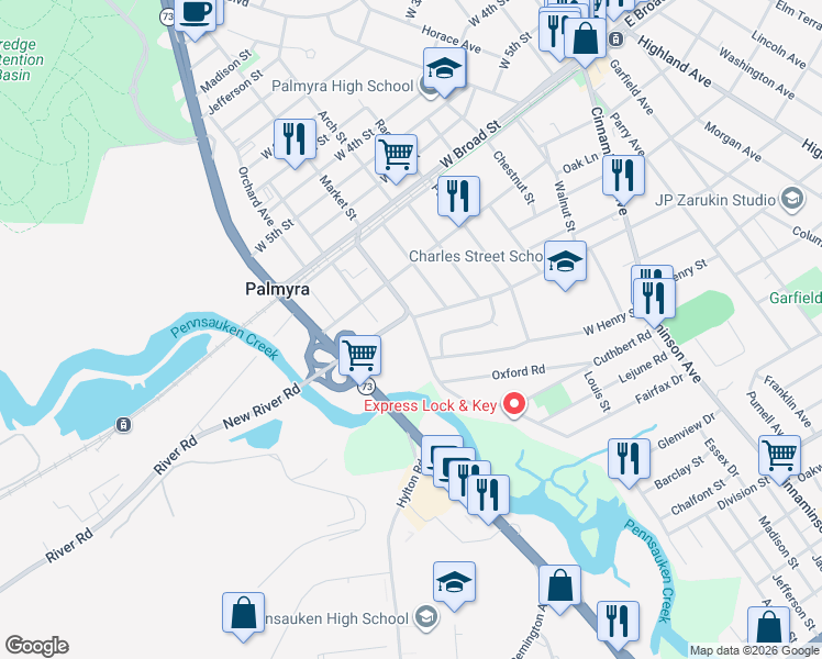 map of restaurants, bars, coffee shops, grocery stores, and more near 711 Public Road in Palmyra