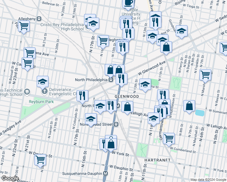 map of restaurants, bars, coffee shops, grocery stores, and more near 1418 Rush Street in Philadelphia