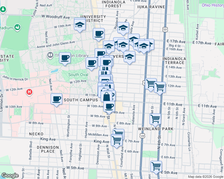 map of restaurants, bars, coffee shops, grocery stores, and more near 34 Chittenden Avenue in Columbus