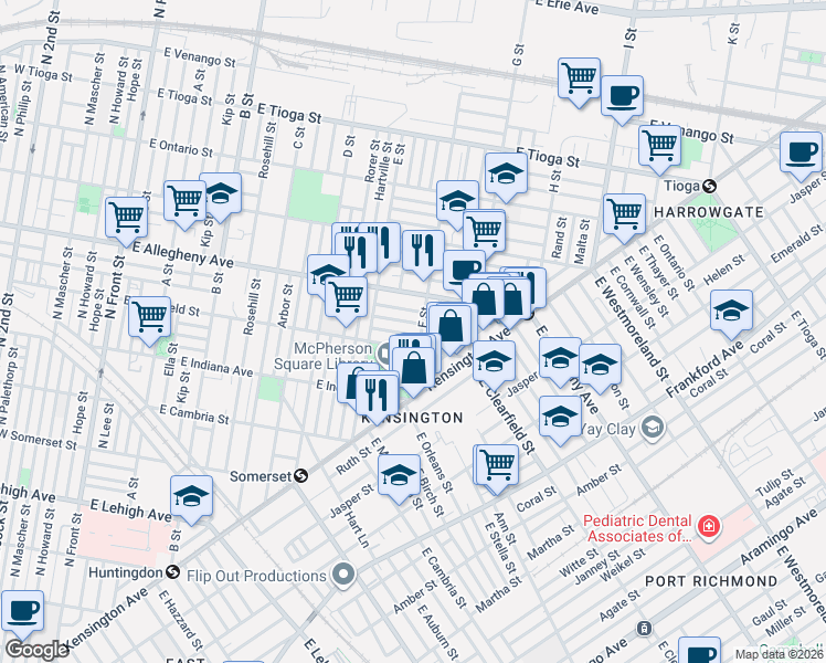 map of restaurants, bars, coffee shops, grocery stores, and more near 641 East Clementine Street in Philadelphia