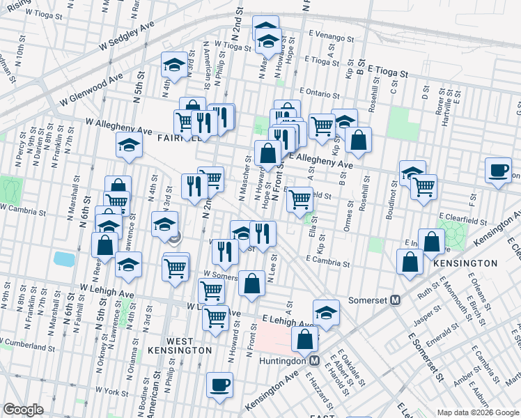 map of restaurants, bars, coffee shops, grocery stores, and more near 3001 North Howard Street in Philadelphia