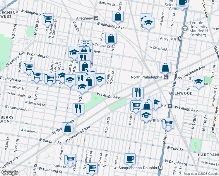 map of restaurants, bars, coffee shops, grocery stores, and more near 2734 North Opal Street in Philadelphia