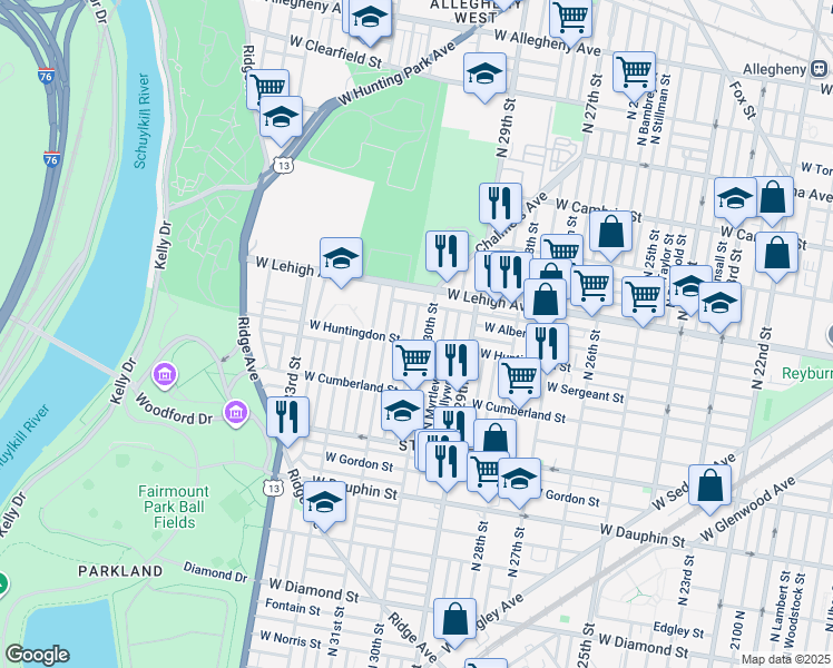 map of restaurants, bars, coffee shops, grocery stores, and more near 2609 North Corlies Street in Philadelphia