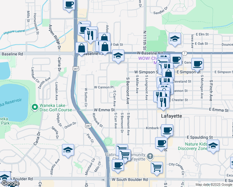 map of restaurants, bars, coffee shops, grocery stores, and more near 460 South Carr Avenue in Lafayette