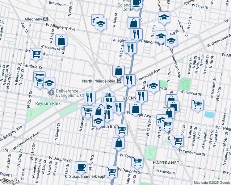 map of restaurants, bars, coffee shops, grocery stores, and more near 1440 West Glenwood Avenue in Philadelphia