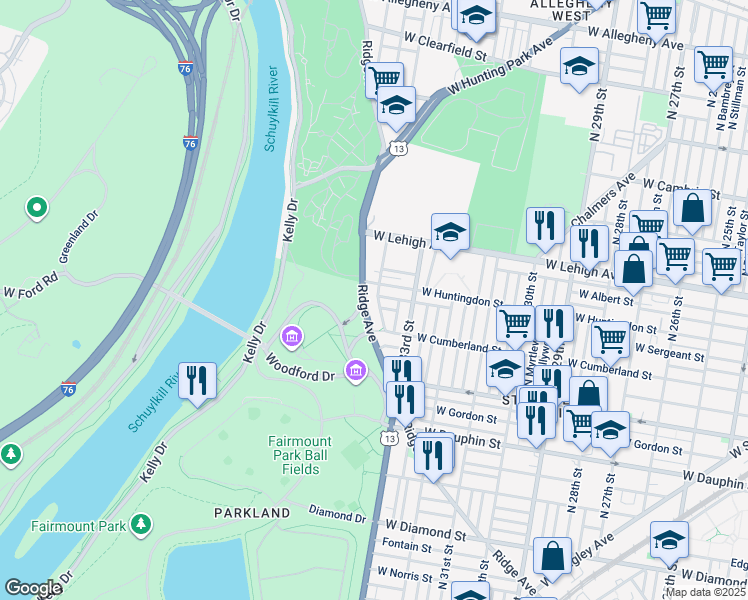 map of restaurants, bars, coffee shops, grocery stores, and more near 2534 North 34th Street in Philadelphia