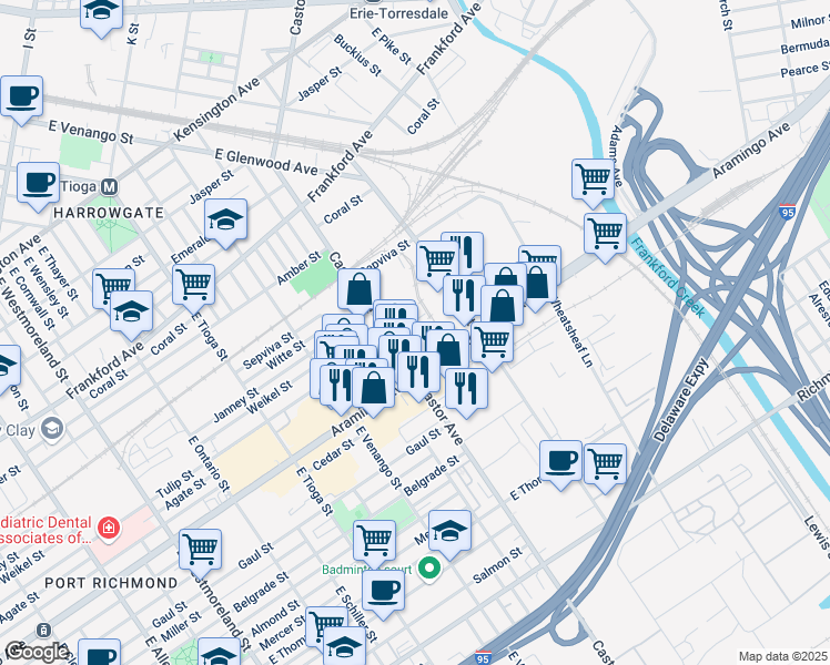 map of restaurants, bars, coffee shops, grocery stores, and more near 2301 Castor Avenue in Philadelphia