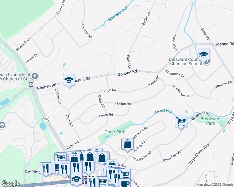 map of restaurants, bars, coffee shops, grocery stores, and more near 3434 Tyson Road in Newtown Square