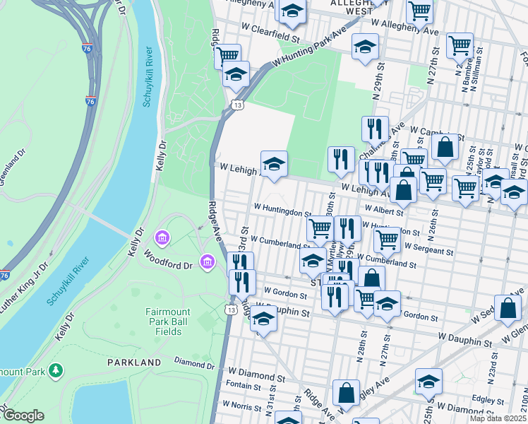 map of restaurants, bars, coffee shops, grocery stores, and more near 3232 West Huntingdon Street in Philadelphia