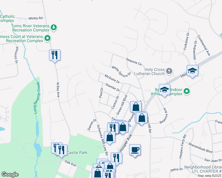 map of restaurants, bars, coffee shops, grocery stores, and more near 982 Stamler Drive in Toms River