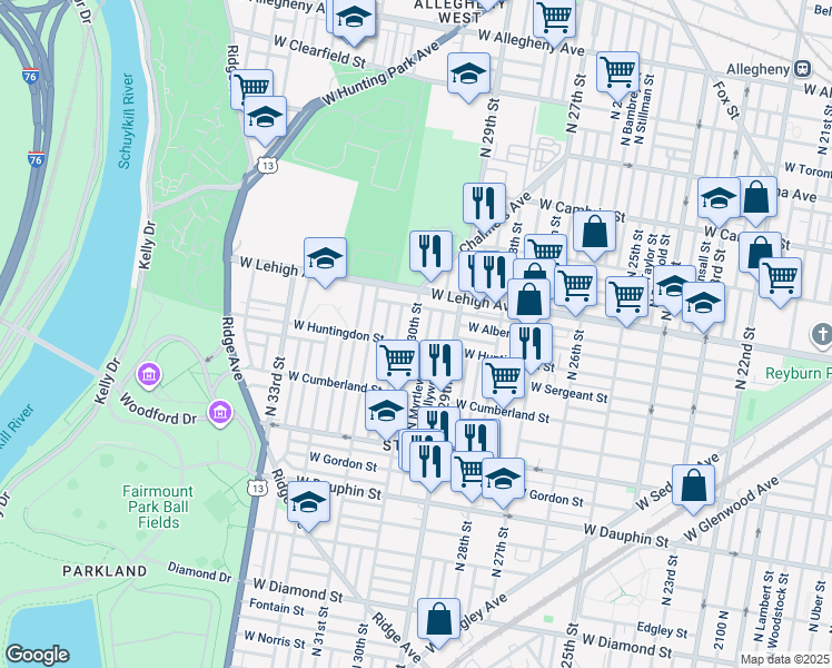 map of restaurants, bars, coffee shops, grocery stores, and more near 2613 North 30th Street in Philadelphia