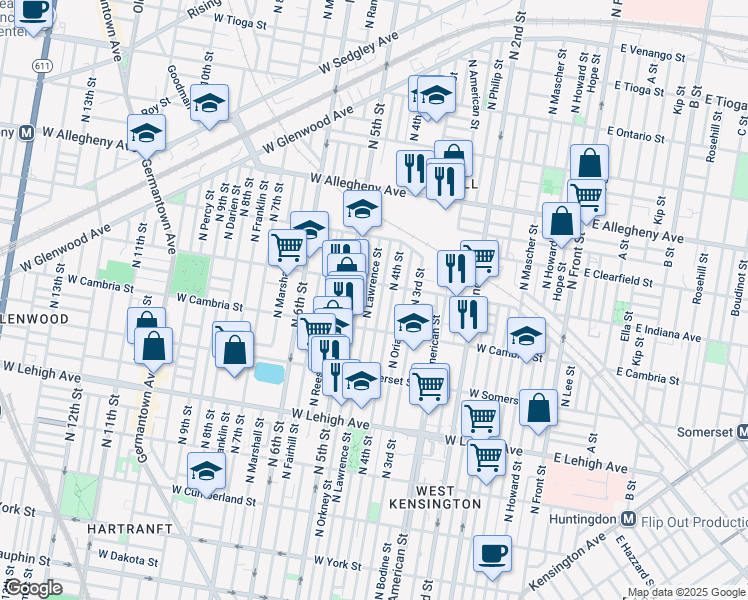 map of restaurants, bars, coffee shops, grocery stores, and more near 2945 North Lawrence Street in Philadelphia