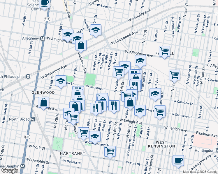 map of restaurants, bars, coffee shops, grocery stores, and more near 2910 North 7th Street in Philadelphia