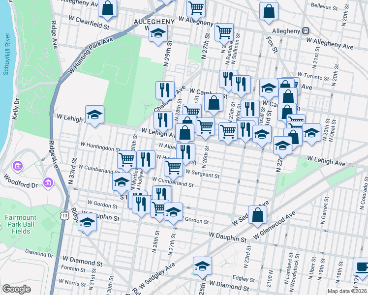 map of restaurants, bars, coffee shops, grocery stores, and more near 2627 North 27th Street in Philadelphia