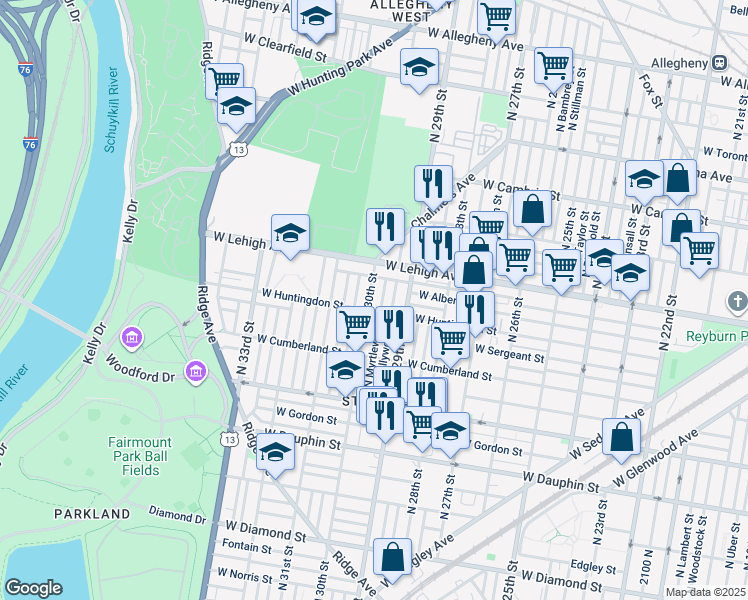 map of restaurants, bars, coffee shops, grocery stores, and more near 2613 North 30th Street in Philadelphia
