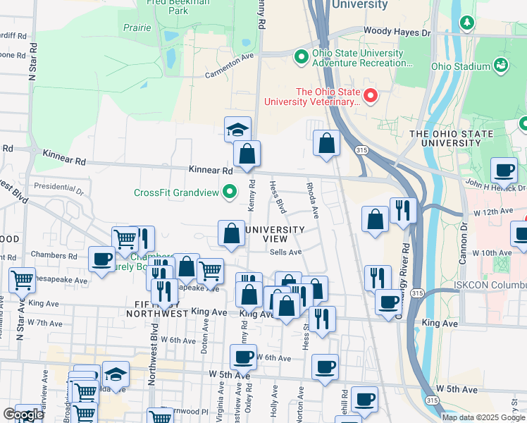 map of restaurants, bars, coffee shops, grocery stores, and more near 1795 Gerrard Avenue in Columbus