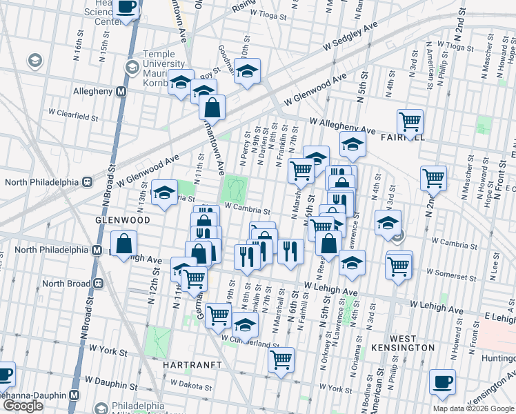 map of restaurants, bars, coffee shops, grocery stores, and more near 2906 North Franklin Street in Philadelphia