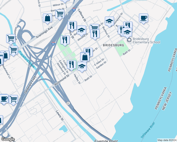 map of restaurants, bars, coffee shops, grocery stores, and more near 2846 Gillingham Street in Philadelphia
