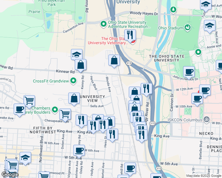 map of restaurants, bars, coffee shops, grocery stores, and more near 1772 Rhoda Avenue in Columbus