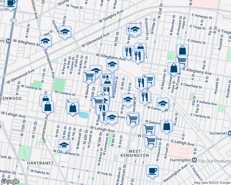 map of restaurants, bars, coffee shops, grocery stores, and more near 2945 North Lawrence Street in Philadelphia