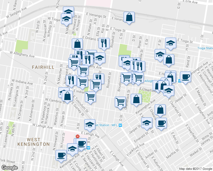 map of restaurants, bars, coffee shops, grocery stores, and more near 3060 Rosehill Street in Philadelphia
