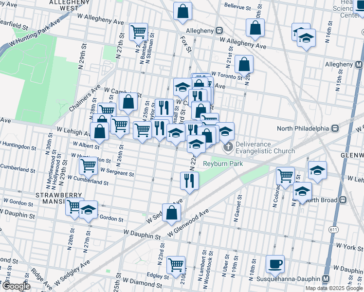 map of restaurants, bars, coffee shops, grocery stores, and more near 2229 West Lehigh Avenue in Philadelphia