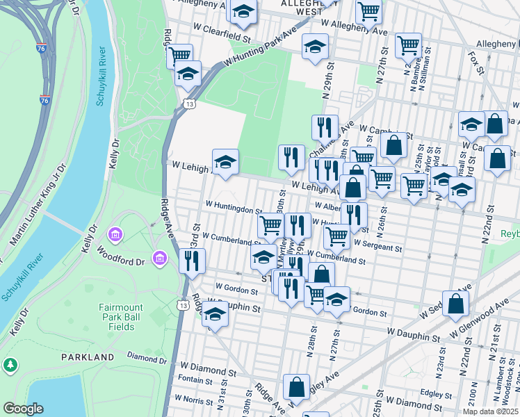 map of restaurants, bars, coffee shops, grocery stores, and more near 2604 North Corlies Street in Philadelphia