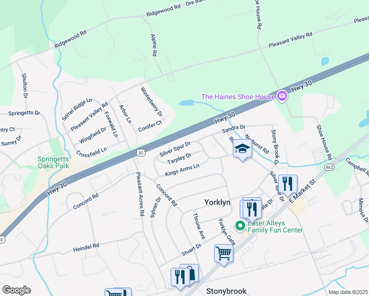 map of restaurants, bars, coffee shops, grocery stores, and more near 3834 Silver Spur Dr in York