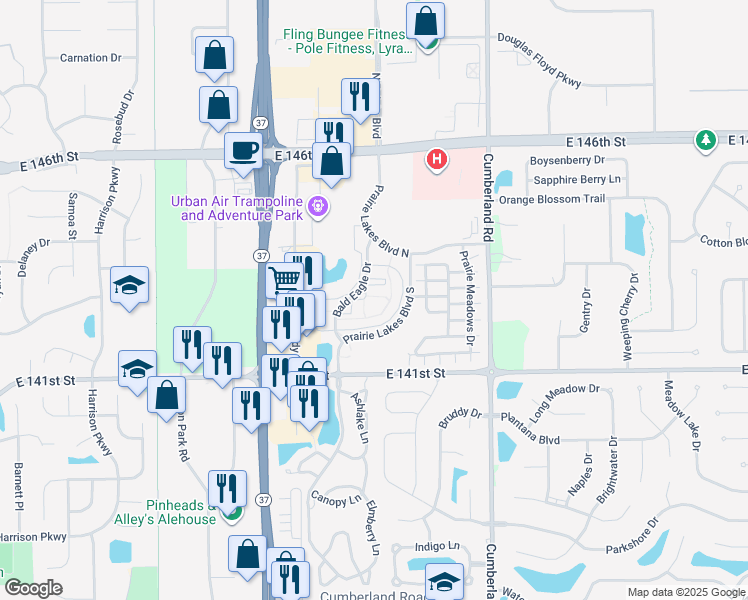 map of restaurants, bars, coffee shops, grocery stores, and more near 14260 Bald Eagle Drive in Noblesville