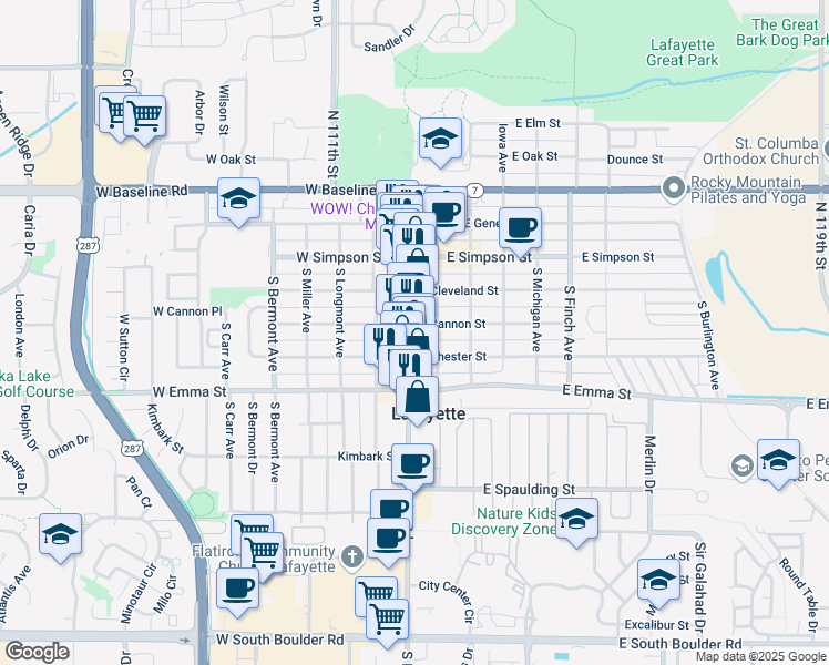 map of restaurants, bars, coffee shops, grocery stores, and more near 104 East Cannon Street in Lafayette