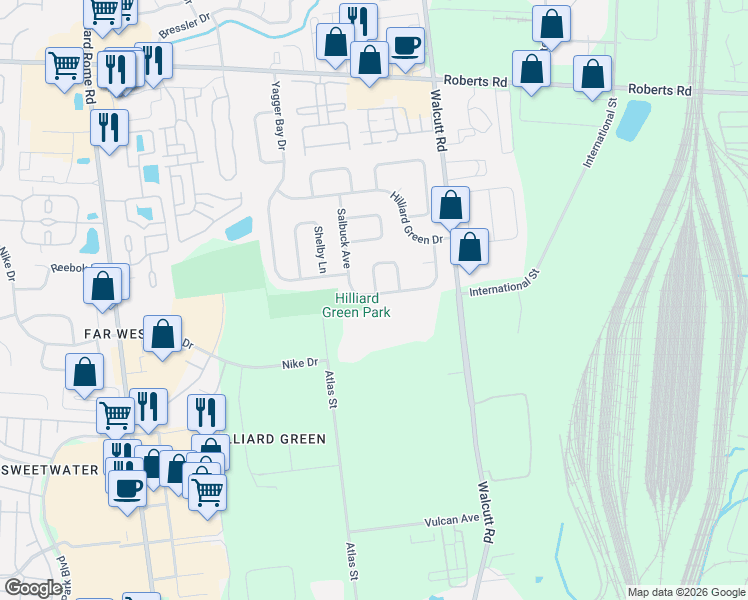 map of restaurants, bars, coffee shops, grocery stores, and more near 4891 Dori Park Drive in Hilliard