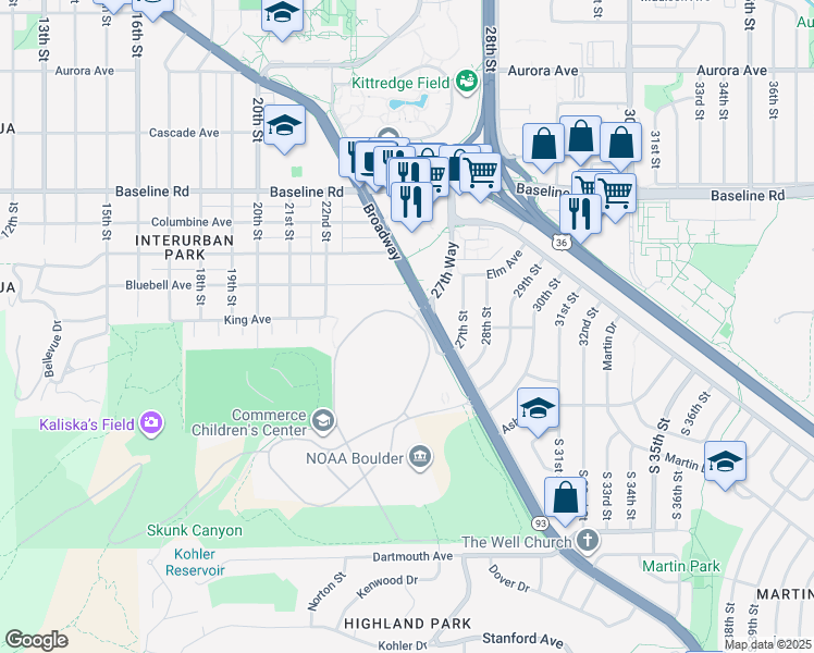 map of restaurants, bars, coffee shops, grocery stores, and more near 325 Broadway in Boulder