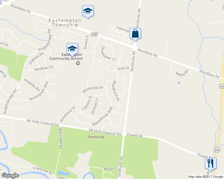 map of restaurants, bars, coffee shops, grocery stores, and more near 21 Woodhurst Drive in Mount Holly