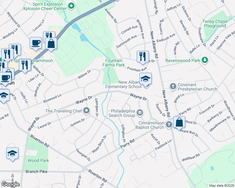 map of restaurants, bars, coffee shops, grocery stores, and more near 504 Wayne Drive in Cinnaminson