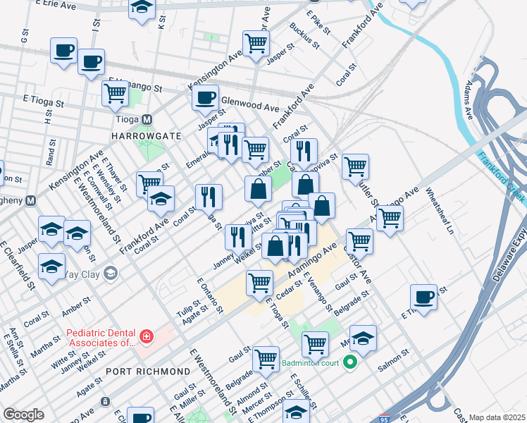 map of restaurants, bars, coffee shops, grocery stores, and more near 3605 Sepviva Street in Philadelphia