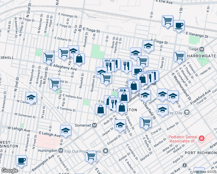 map of restaurants, bars, coffee shops, grocery stores, and more near 3111 Hartville Street in Philadelphia