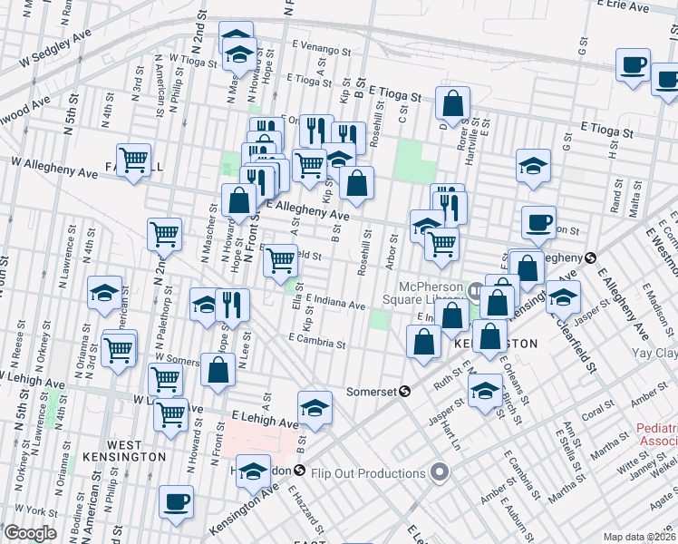 map of restaurants, bars, coffee shops, grocery stores, and more near 3034 B Street in Philadelphia