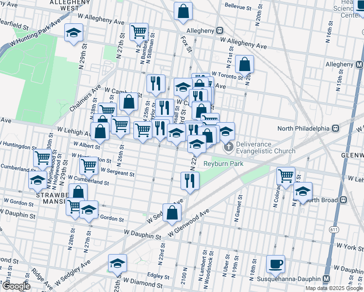 map of restaurants, bars, coffee shops, grocery stores, and more near 2231 West Lehigh Avenue in Philadelphia