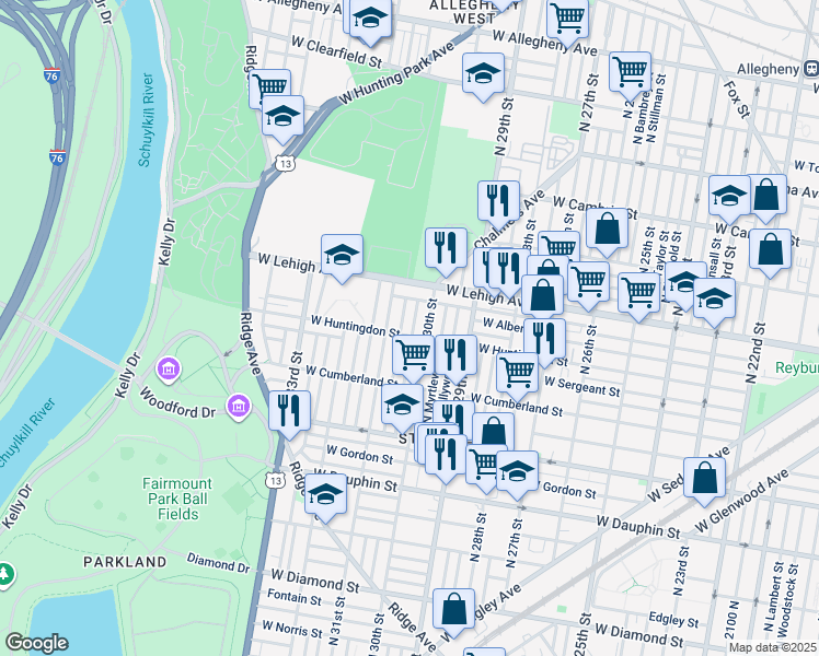 map of restaurants, bars, coffee shops, grocery stores, and more near 2608 North Corlies Street in Philadelphia