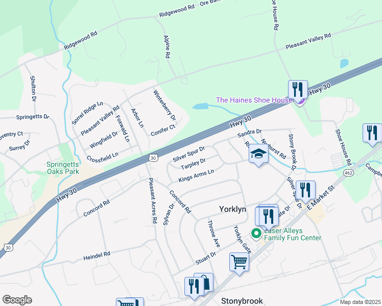 map of restaurants, bars, coffee shops, grocery stores, and more near 3834 Silver Spur Drive in York