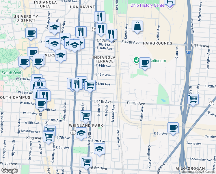 map of restaurants, bars, coffee shops, grocery stores, and more near 395 East 12th Avenue in Columbus