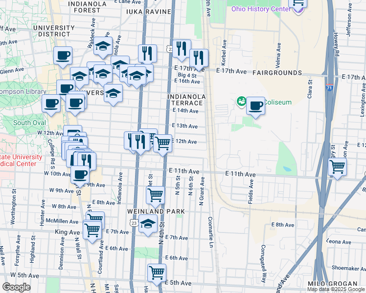 map of restaurants, bars, coffee shops, grocery stores, and more near 335 East 12th Avenue in Columbus