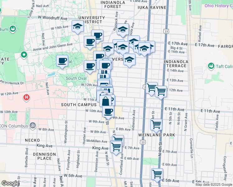 map of restaurants, bars, coffee shops, grocery stores, and more near 60 Chittenden Avenue in Columbus