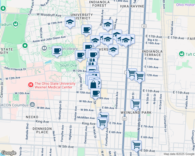 map of restaurants, bars, coffee shops, grocery stores, and more near 60 Chittenden Avenue in Columbus