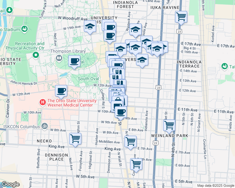 map of restaurants, bars, coffee shops, grocery stores, and more near in Columbus