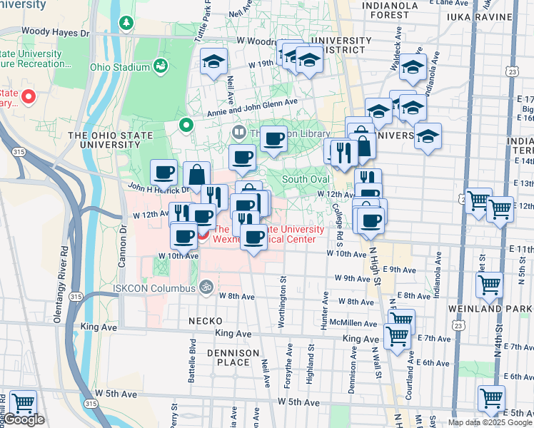 map of restaurants, bars, coffee shops, grocery stores, and more near 196 West 11th Avenue in Columbus