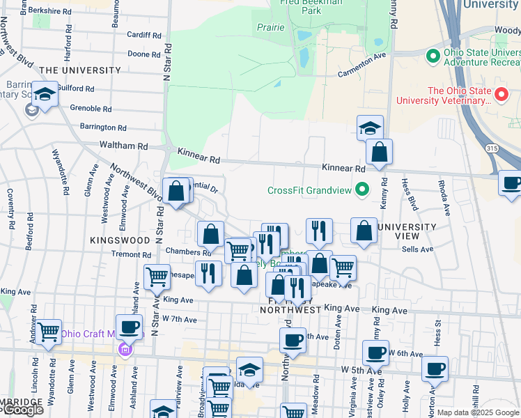 map of restaurants, bars, coffee shops, grocery stores, and more near 1314 Presidential Drive in Columbus