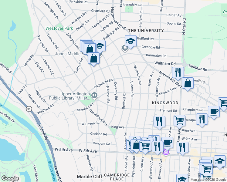 map of restaurants, bars, coffee shops, grocery stores, and more near 1933 Coventry Road in Columbus