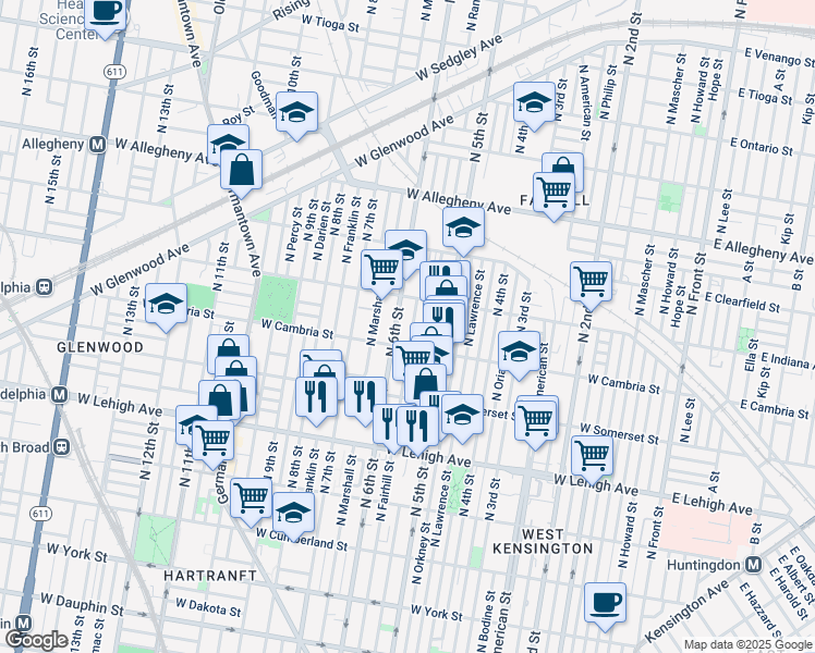 map of restaurants, bars, coffee shops, grocery stores, and more near 2928 N Fairhill St in Philadelphia