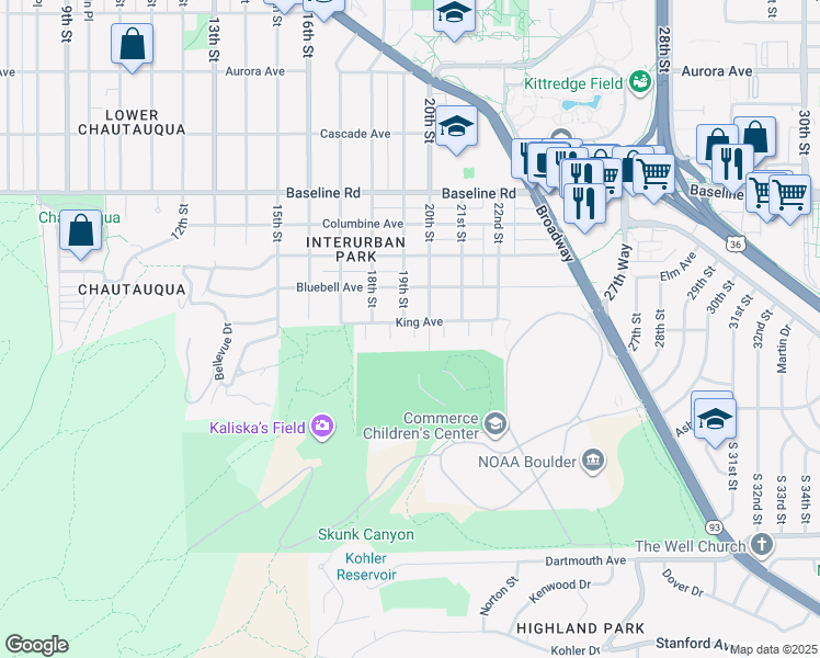 map of restaurants, bars, coffee shops, grocery stores, and more near 1900 King Avenue in Boulder